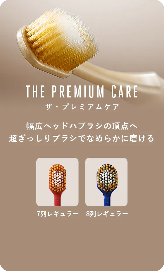 「THE PREMIUM CARE ザ・プレミアムケア」幅広ヘッドハブラシの頂点へ超ぎっしりブラシでなめらかに磨ける
