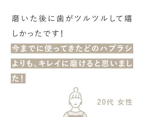磨いた後に歯がツルツルして嬉しかったです！今までに使ってきたどのハブラシよりも、キレイに磨けると思いました！（20代 女性）