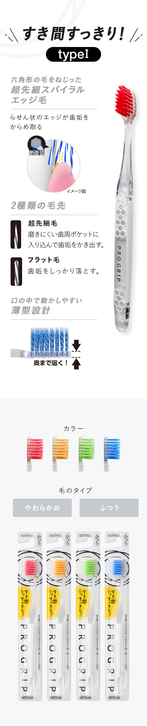 すき間すっきり！【typeⅠ】「六角形の毛をねじった超先細スパイラルエッジ毛」らせん状のエッジが歯垢をからめ取る　「2種類の毛先」超先細毛：磨きにくい歯周ポケットに入り込んで歯垢をかき出す。　フラット毛：歯垢をしっかり落とす。　「口の中で動かしやすい」薄型設計